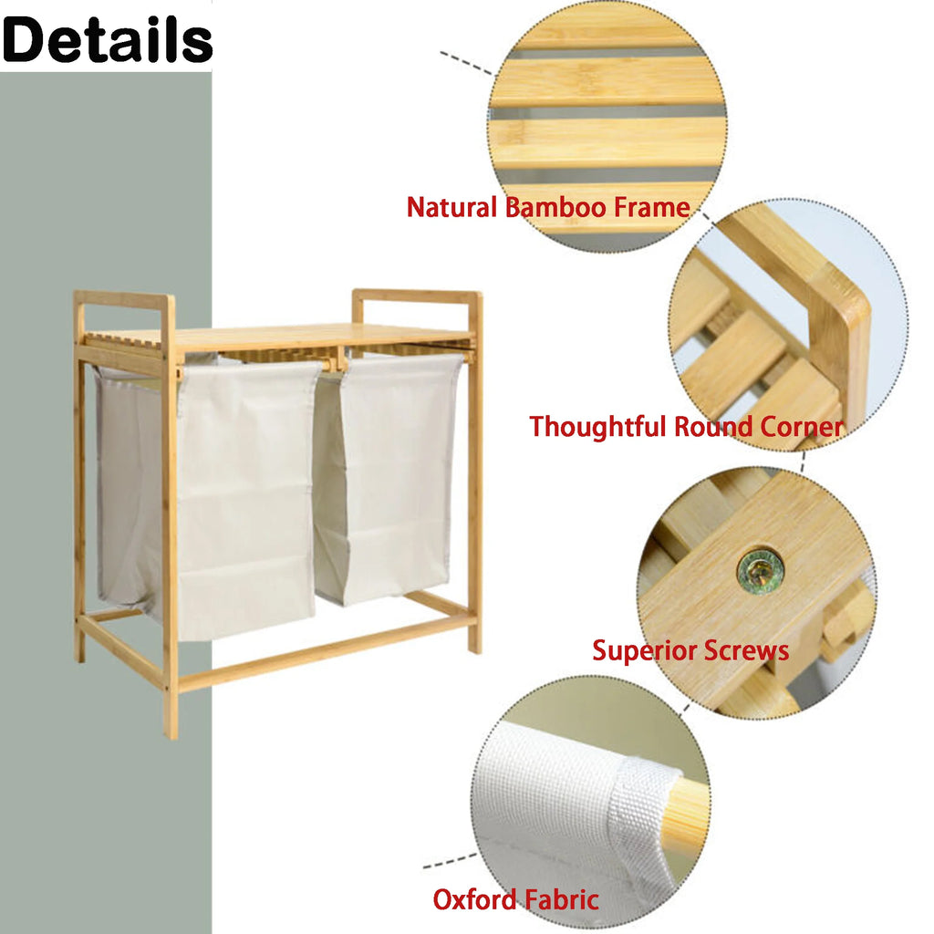 Freestanding Bamboo Laundry Basket with Shelf and Removable Bags U937993