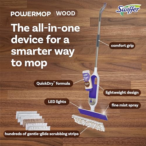 Swiffer Power Mop Wood, Hardwood Floor Cleaner Multi-Surface Cleaning Set includes PowerMop Wood, 2 Pads, 1 QuickDry Lemon Solution, & 2 Batteries B232
