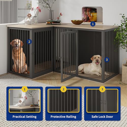 79.1" Large Double Dog Crate with Dividers and Double Doors (Black Gray) M604