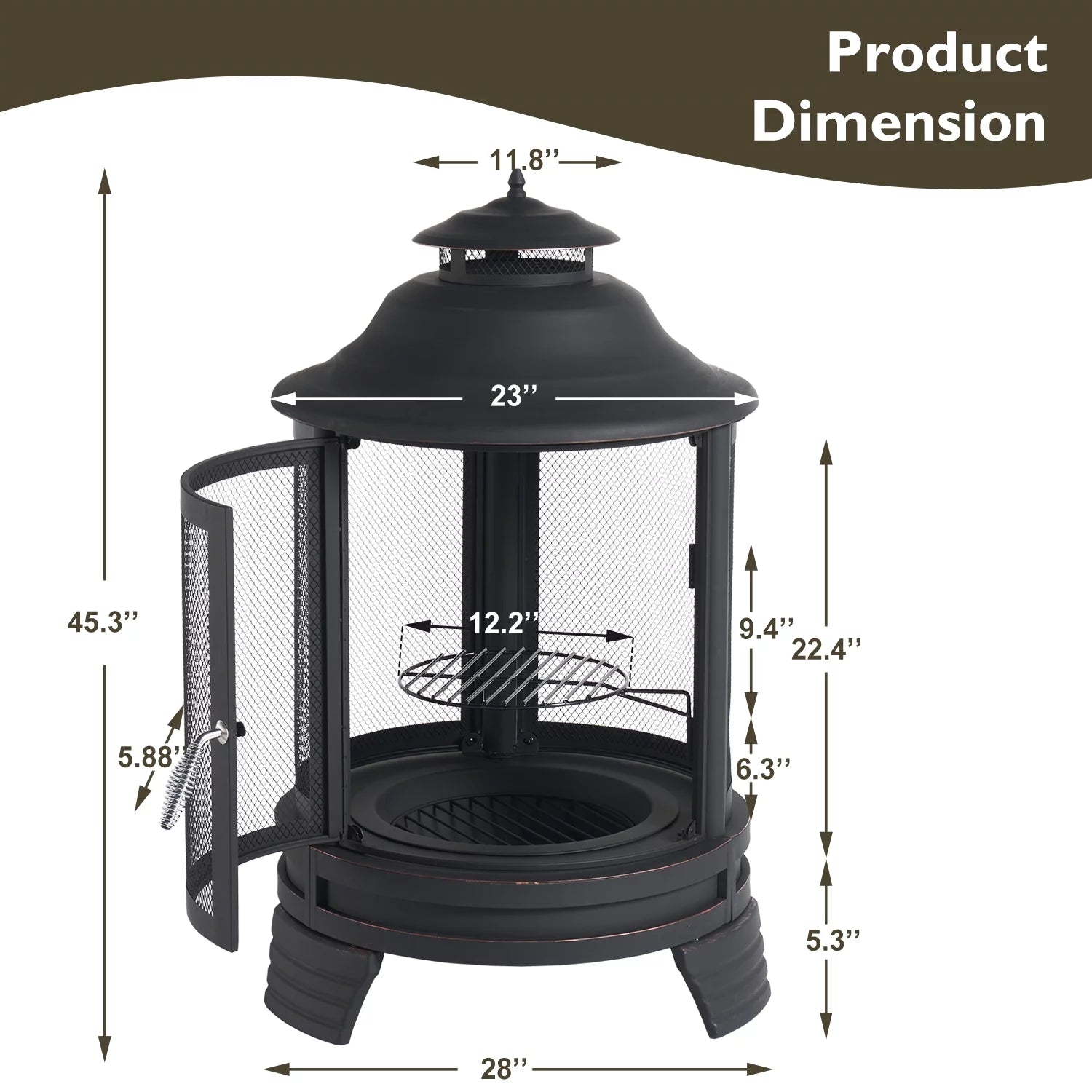 Black Pagoda 2 in 1 Fire Pit with Removable Grill L234