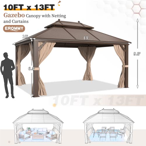 14'x20' Hardtop Gazebo Double Roof Galvanized Steel Canopy Aluminum Frame with Netting and Curtains W42973
