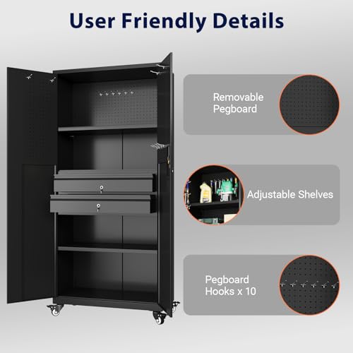 Metal Garage Storage Cabinet with Drawers and Wheels Rolling Tool Chest Cabinet with Pegboards Lockable Storage Cabinets with Adjustable Shelves E751
