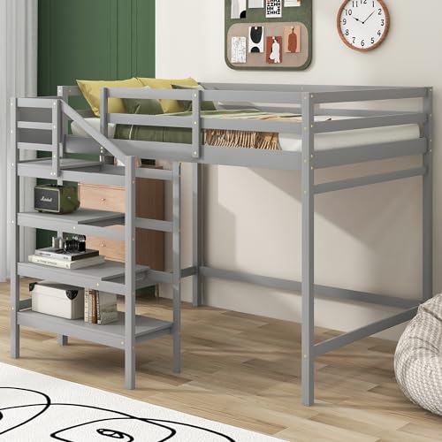 Full Size Gray Wooden Loft Bed with Staircase and Storage Wardrobe H54327