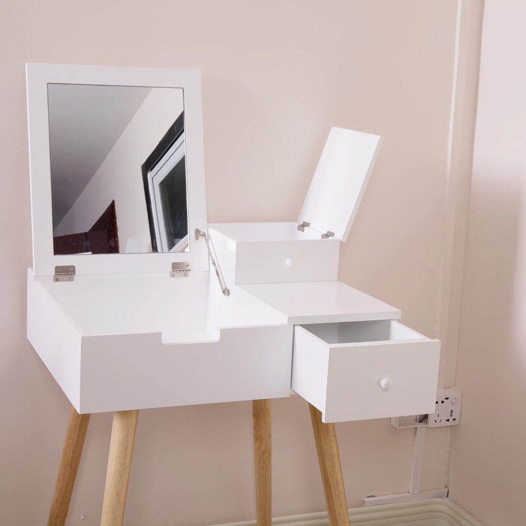 White Wooden Vanity Desk with Flip-top Mirror L457
