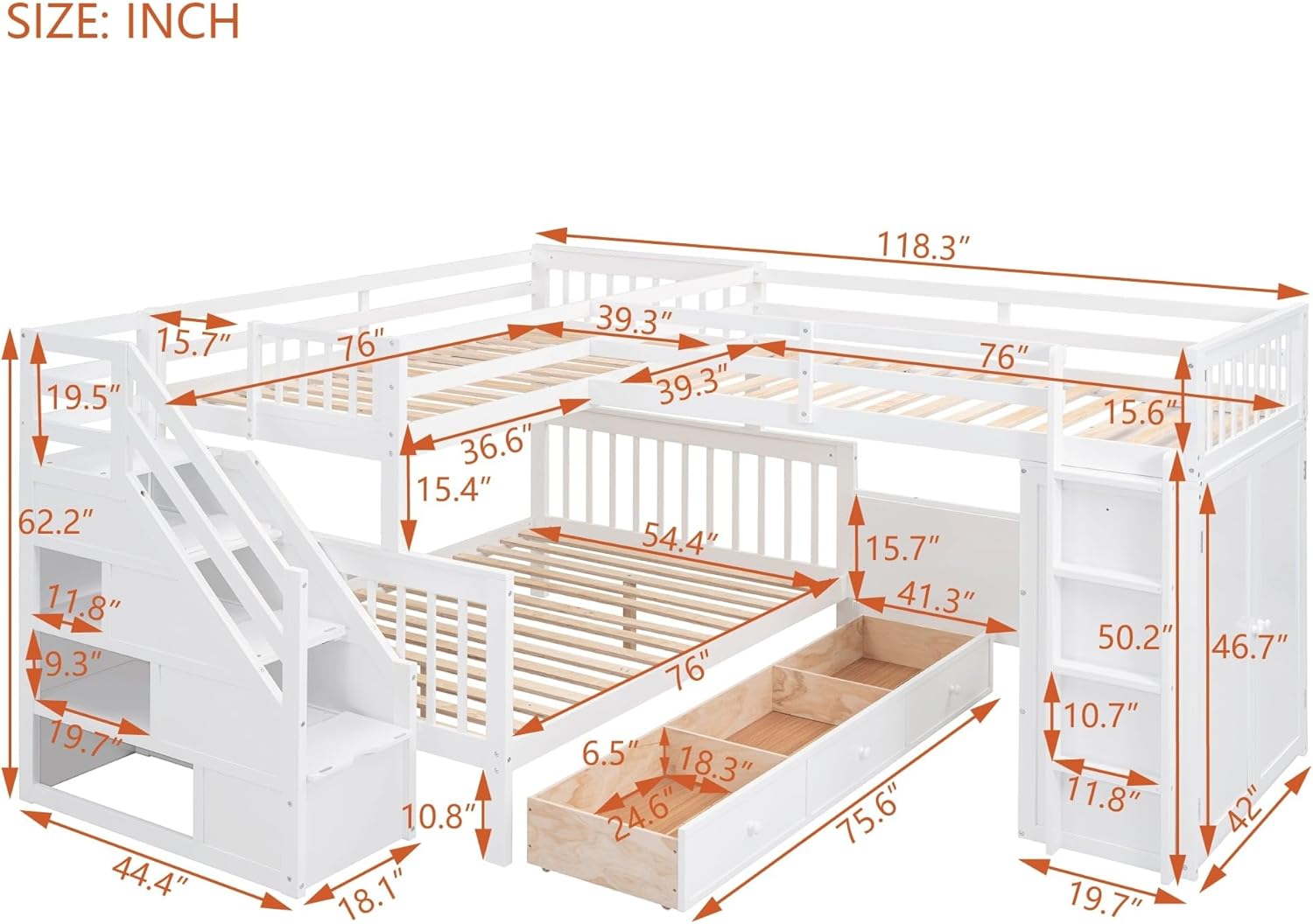 White Solid Wood L-Shaped Bunk Bed with 3 Drawers Wardrobe and Desk S86846