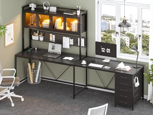 Rustic Brown L Shaped Gaming Desk with Drawers, Hutch, Storage Shelves, Pegboard, Led Lights, and Power Outlet Y873
