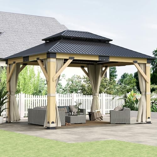 12'x12' Hardtop Double Roof Galvanized Steel Gazebo with Curtains & Netting R810800