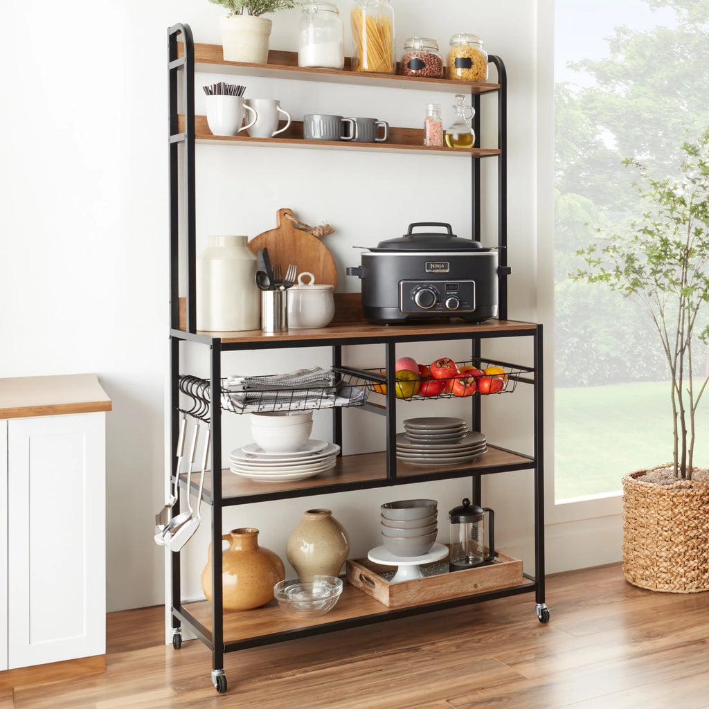 Brown Black Counter-Height Baker's Rack with Locking Wheels R31618