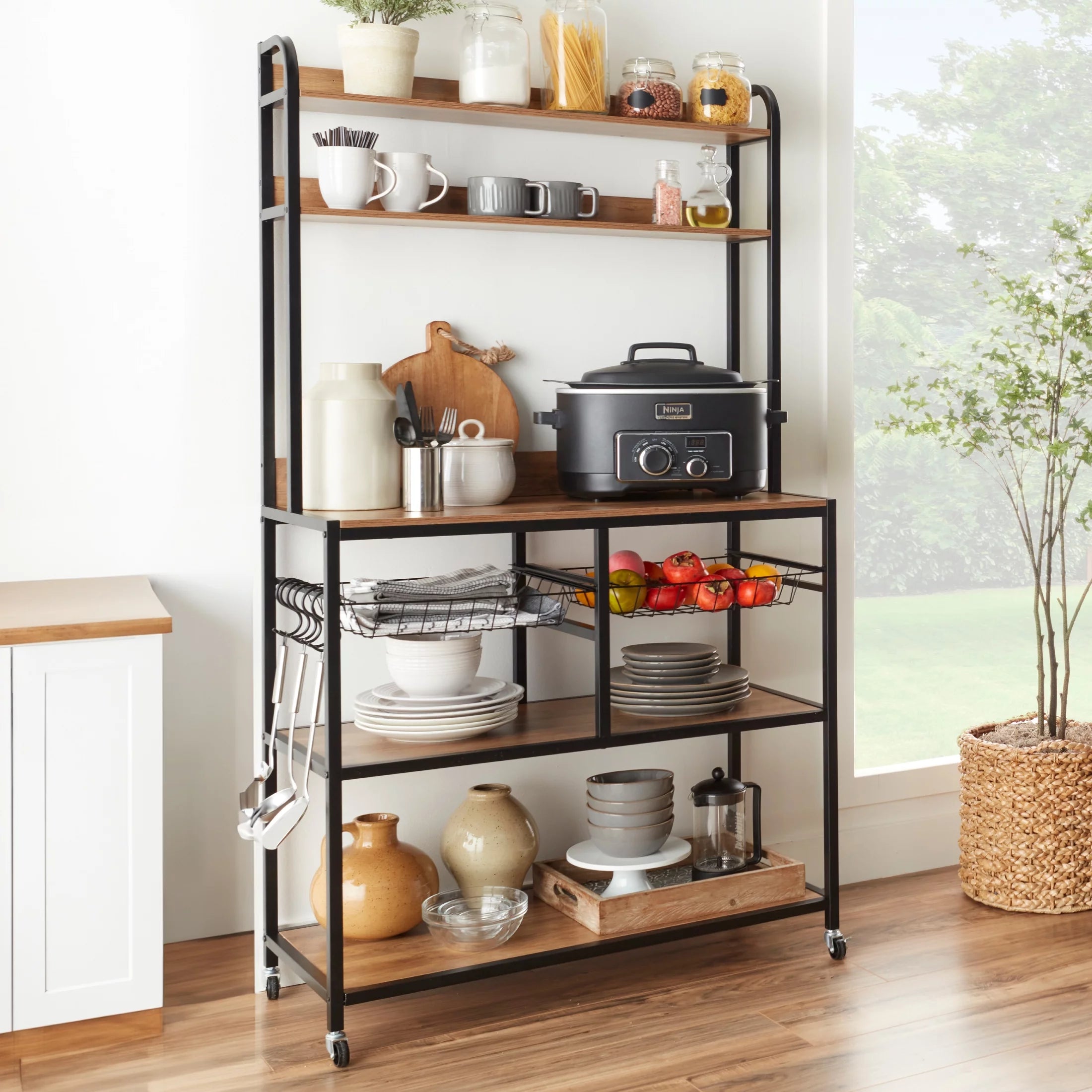 Brown Black Counter-Height Baker's Rack with Locking Wheels R31618