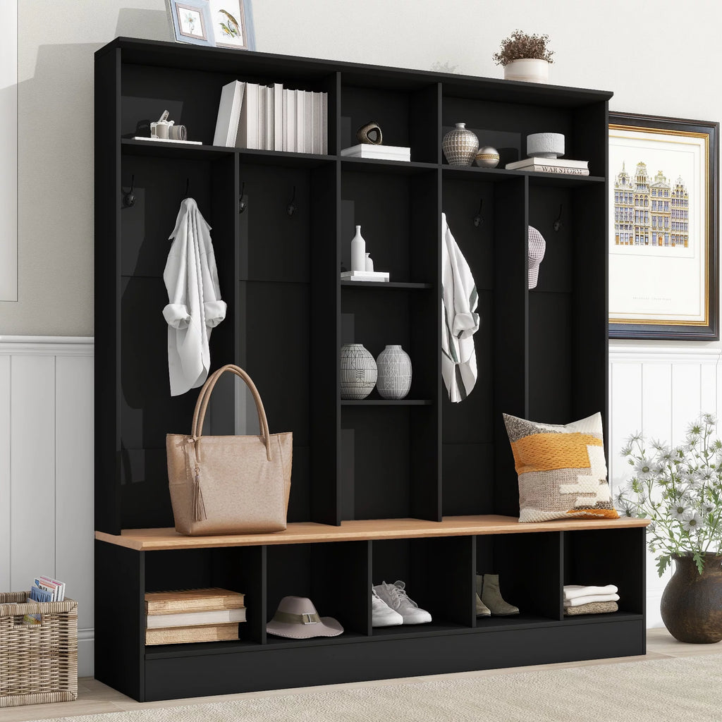 Black Hall Tree with Storage Bench and 8 Hooks P499768