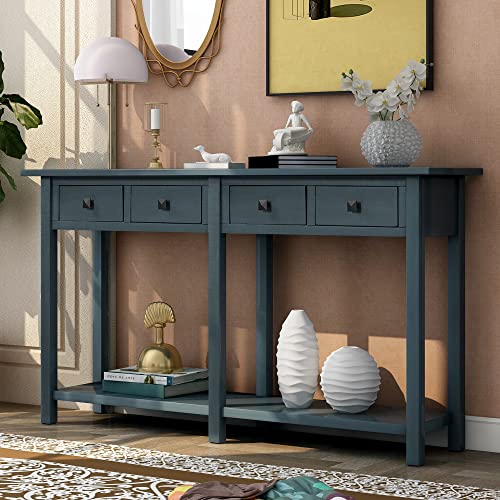 Antique Navy Rustic Wood Console Table with 4 Drawers and Bottom Shelf C577