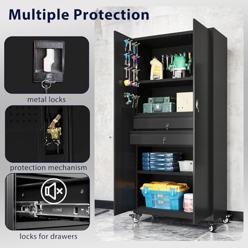 Metal Garage Storage Cabinet with Drawers and Wheels Rolling Tool Chest Cabinet with Pegboards Lockable Storage Cabinets with Adjustable Shelves E751