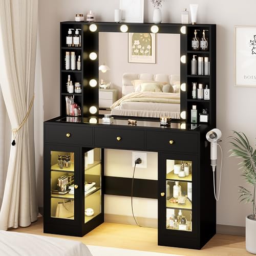 White Glass Top Vanity Desk with Mirror and Lights and 3 Drawers Q344870