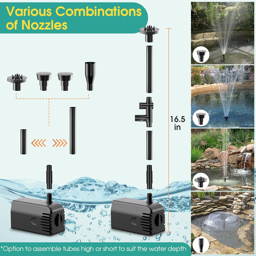 Solar Pond Pump with 2200mAh Battery Backup, 12W Solar Fountain Pump 160GPH Flow Adjustable with 6.6FT PVC Tubing D94721