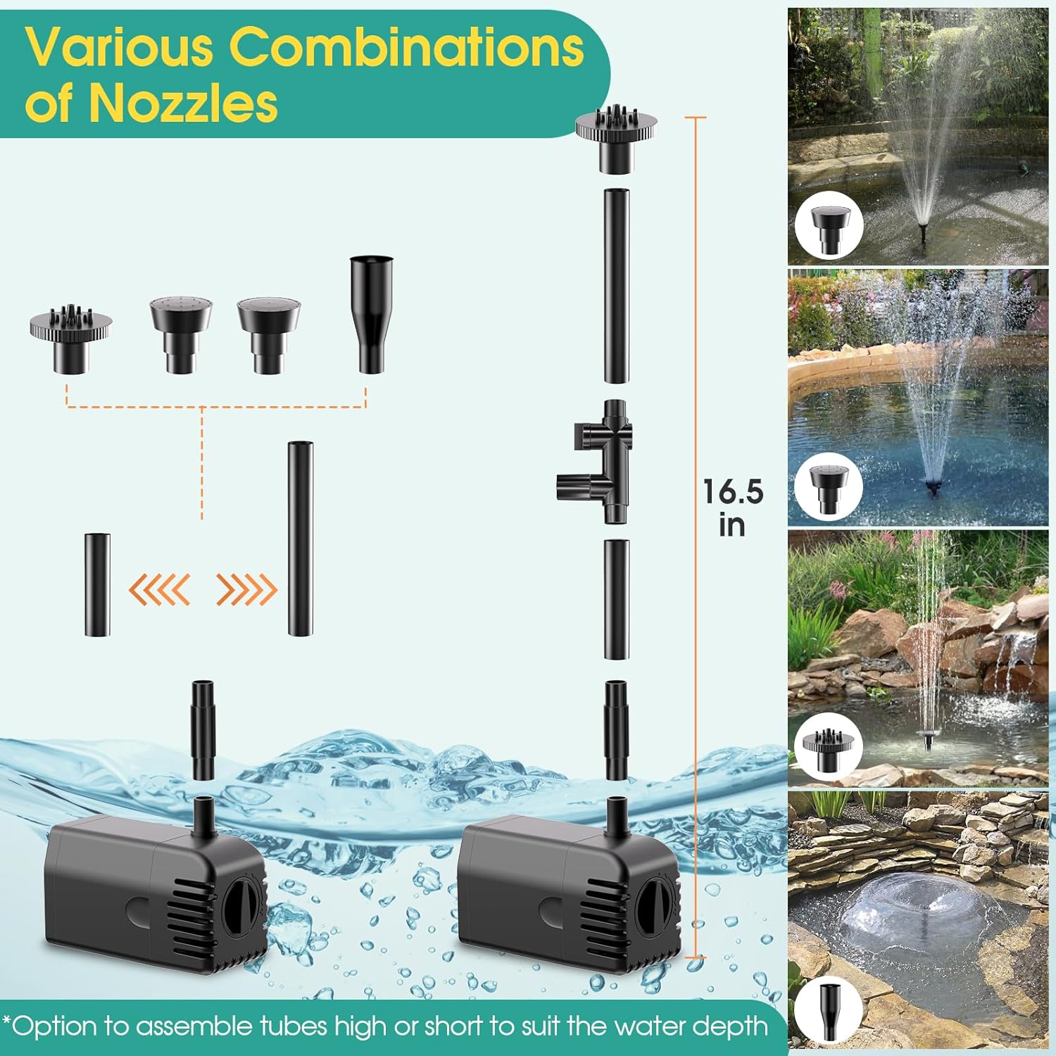 Solar Pond Pump with 2200mAh Battery Backup, 12W Solar Fountain Pump 160GPH Flow Adjustable with 6.6FT PVC Tubing D94721