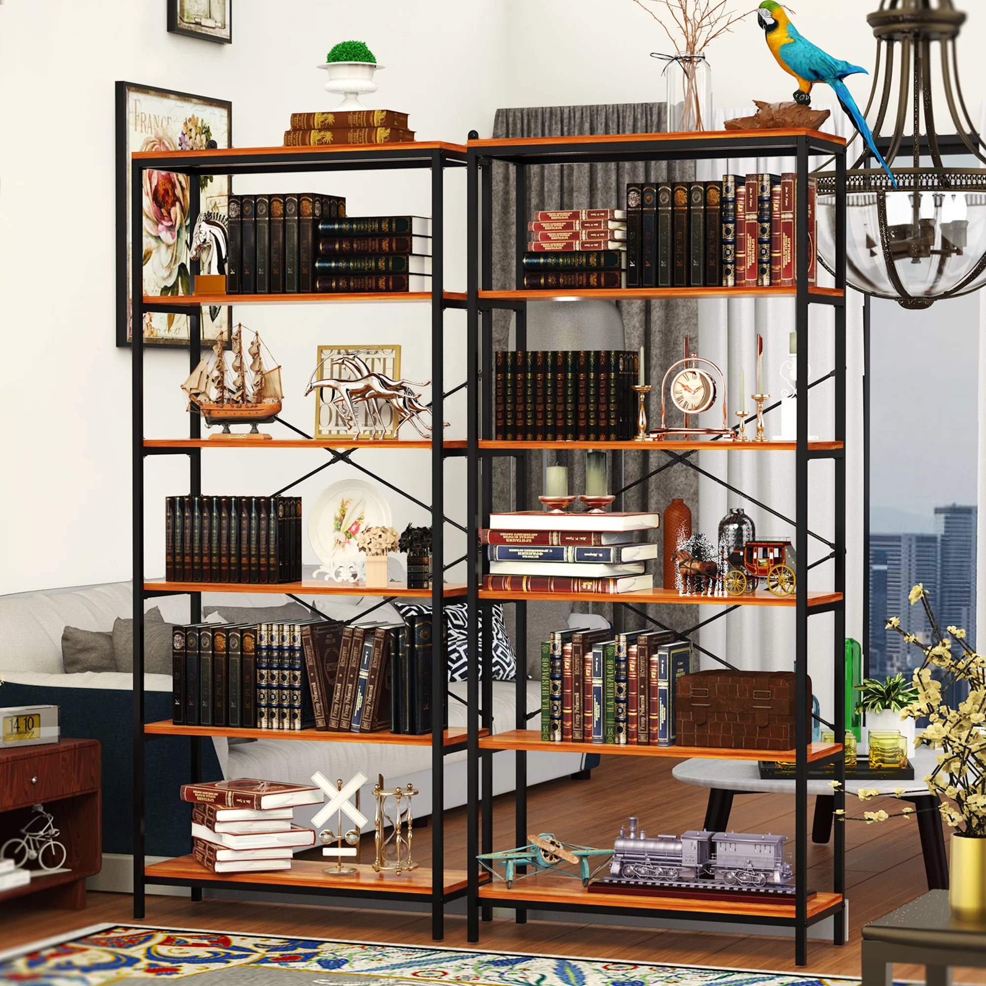 5 Shelf Rustic Wood and Metal Bookcase Y881