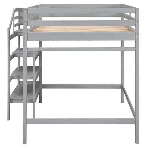 Full Size Gray Wooden Loft Bed with Staircase and Storage Wardrobe H54327