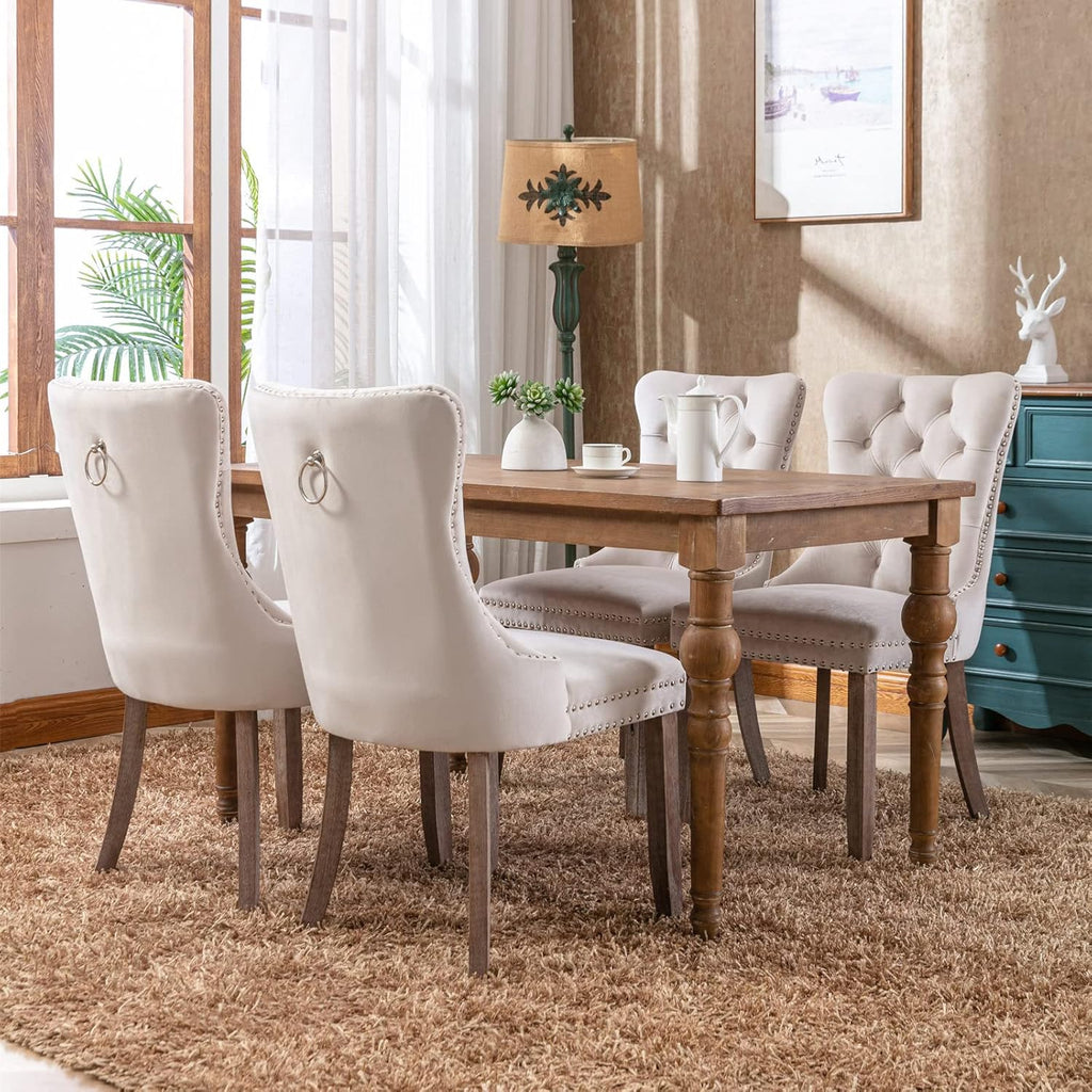 Beige Velvet Upholstered Dining Chair 2-Pcs Set D8271