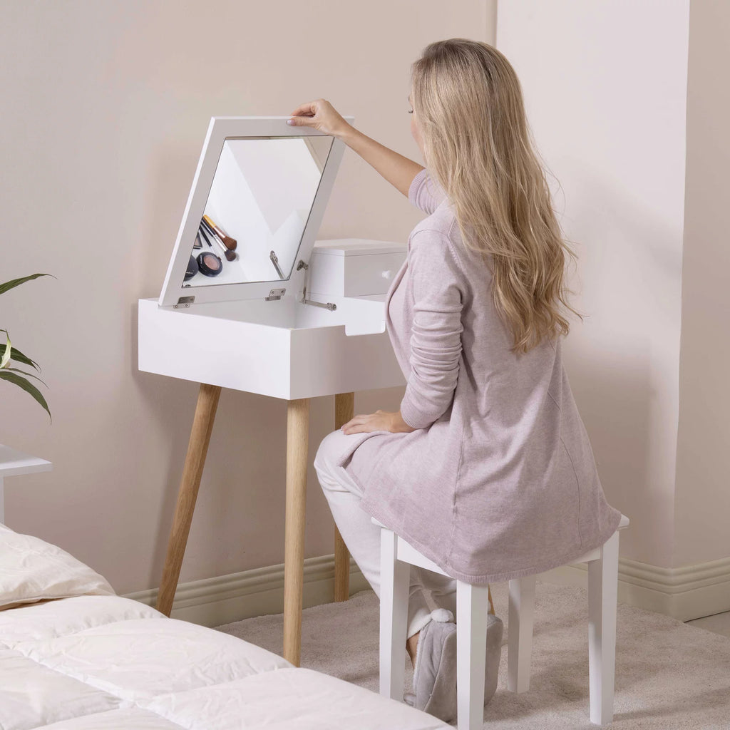White Wooden Vanity Desk with Flip-top Mirror L457