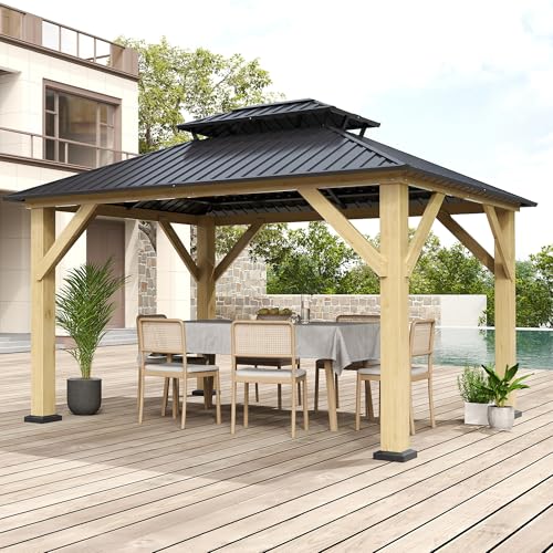 12'x12' Hardtop Double Roof Galvanized Steel Gazebo with Curtains & Netting R810800