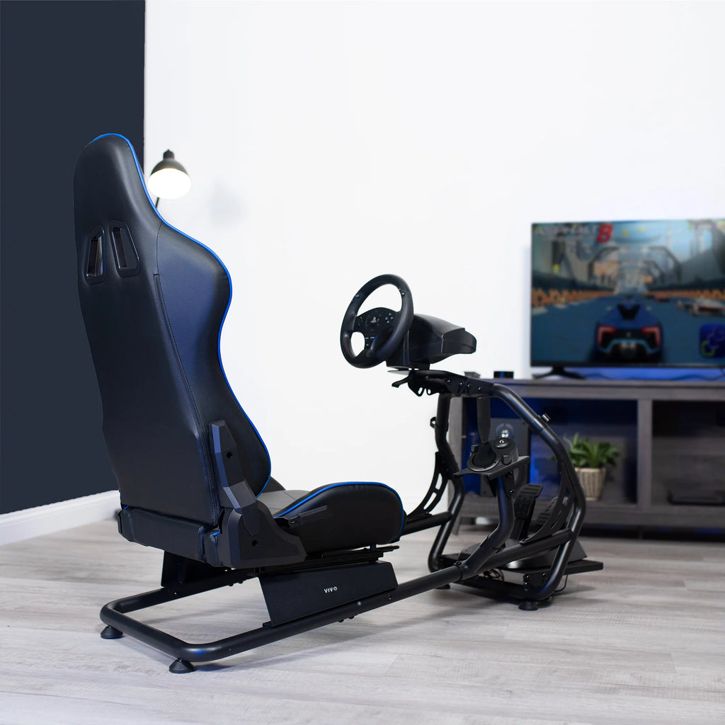 Black Blue Racing Simulator Cockpit with Wheel Stand and Reclining Seat I182923
