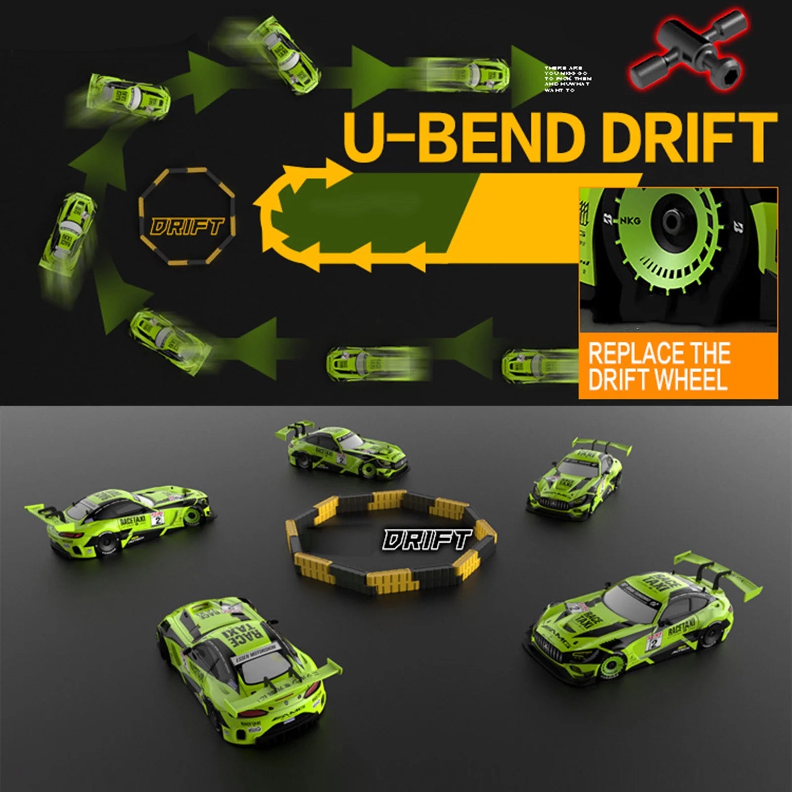 1/16 4WD RC Drift Car with LED Light 4 Replaceable Tires D30475