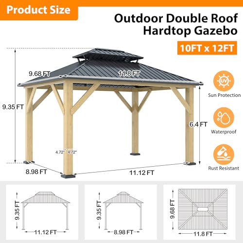 12'x12' Hardtop Double Roof Galvanized Steel Gazebo with Curtains & Netting R810800