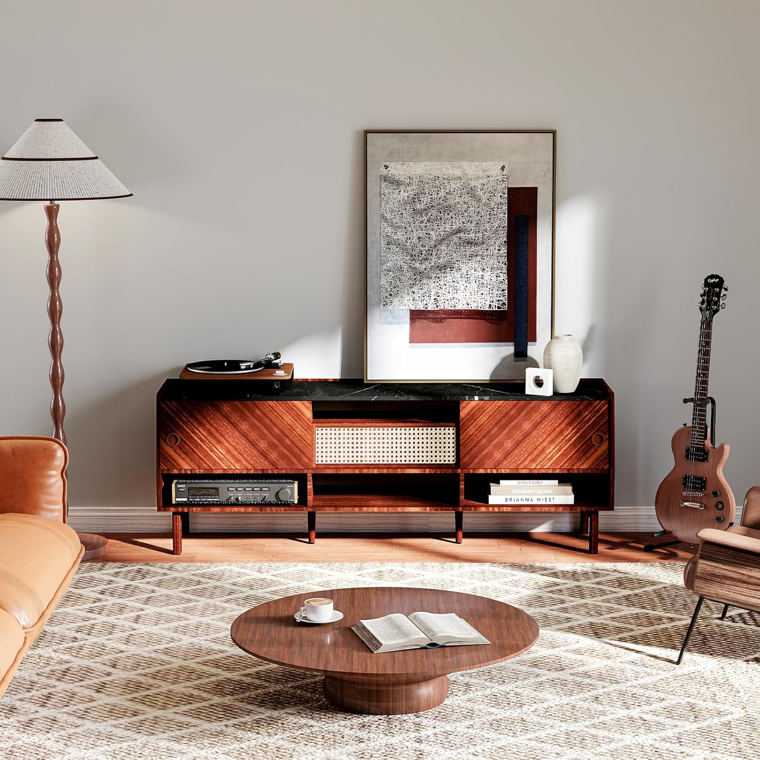 Walnut 67 inch TV Stand with Rattan Drawer M97922