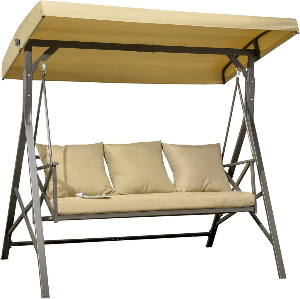 Khaki 3-Seat Patio Swing Chair with Cushion, 3 Throw Pillows & Adjustable Canopy G4993