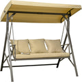 Khaki 3-Seat Patio Swing Chair with Cushion, 3 Throw Pillows & Adjustable Canopy G4993