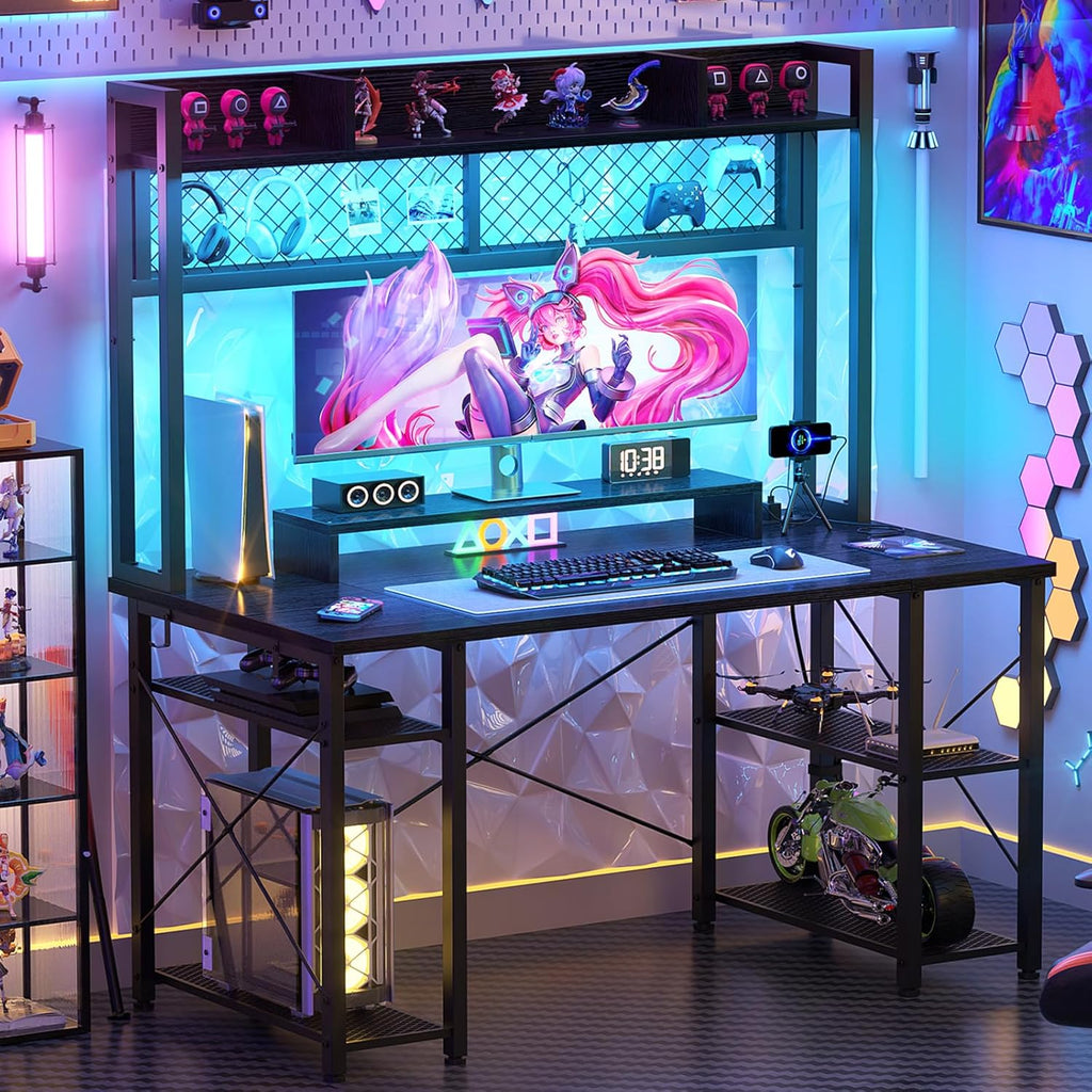 Black 47 Inch Gaming Desk with Hutch and LED Lights N821