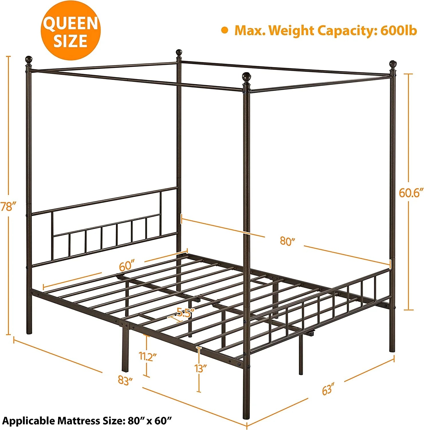 Queen Bronze Metal Canopy Bed Frame N6367