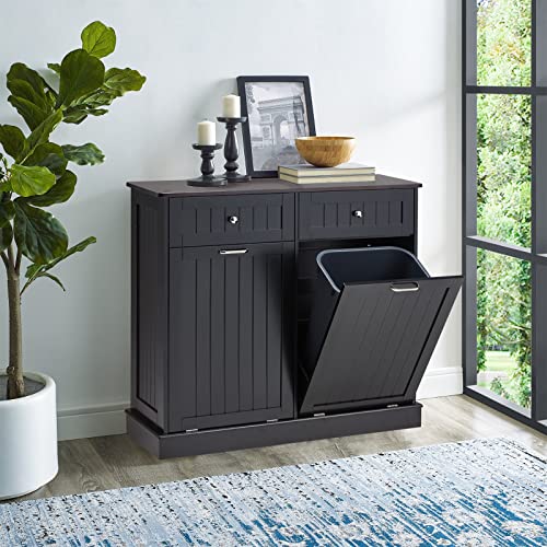White Wooden Tilt Out Trash Cabinet with Hideaway Drawer and Bamboo Cutting Board I6674