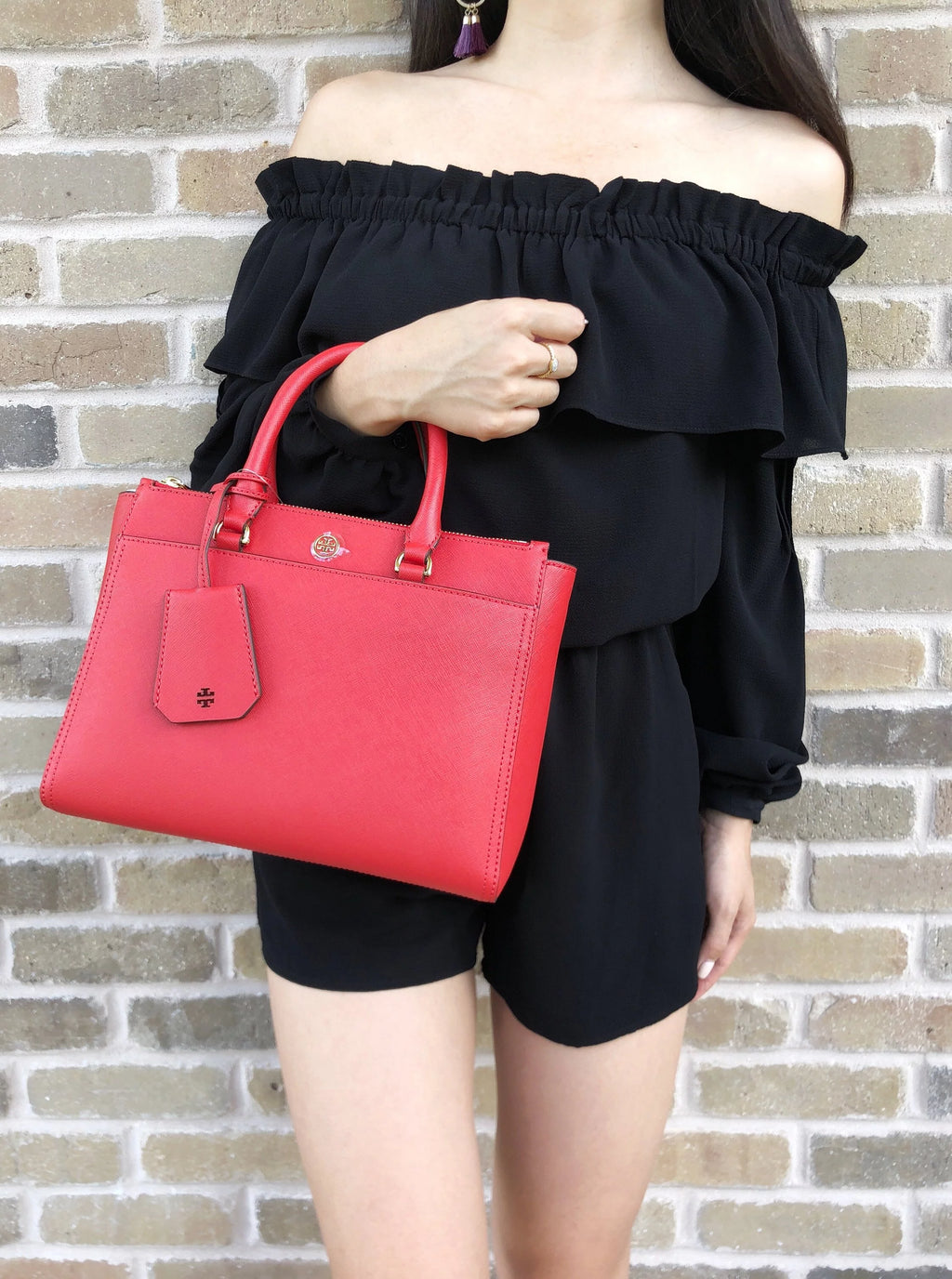 Small Double Zip Tote Satchel Crossbody Bag Poppy Orange Red K96922