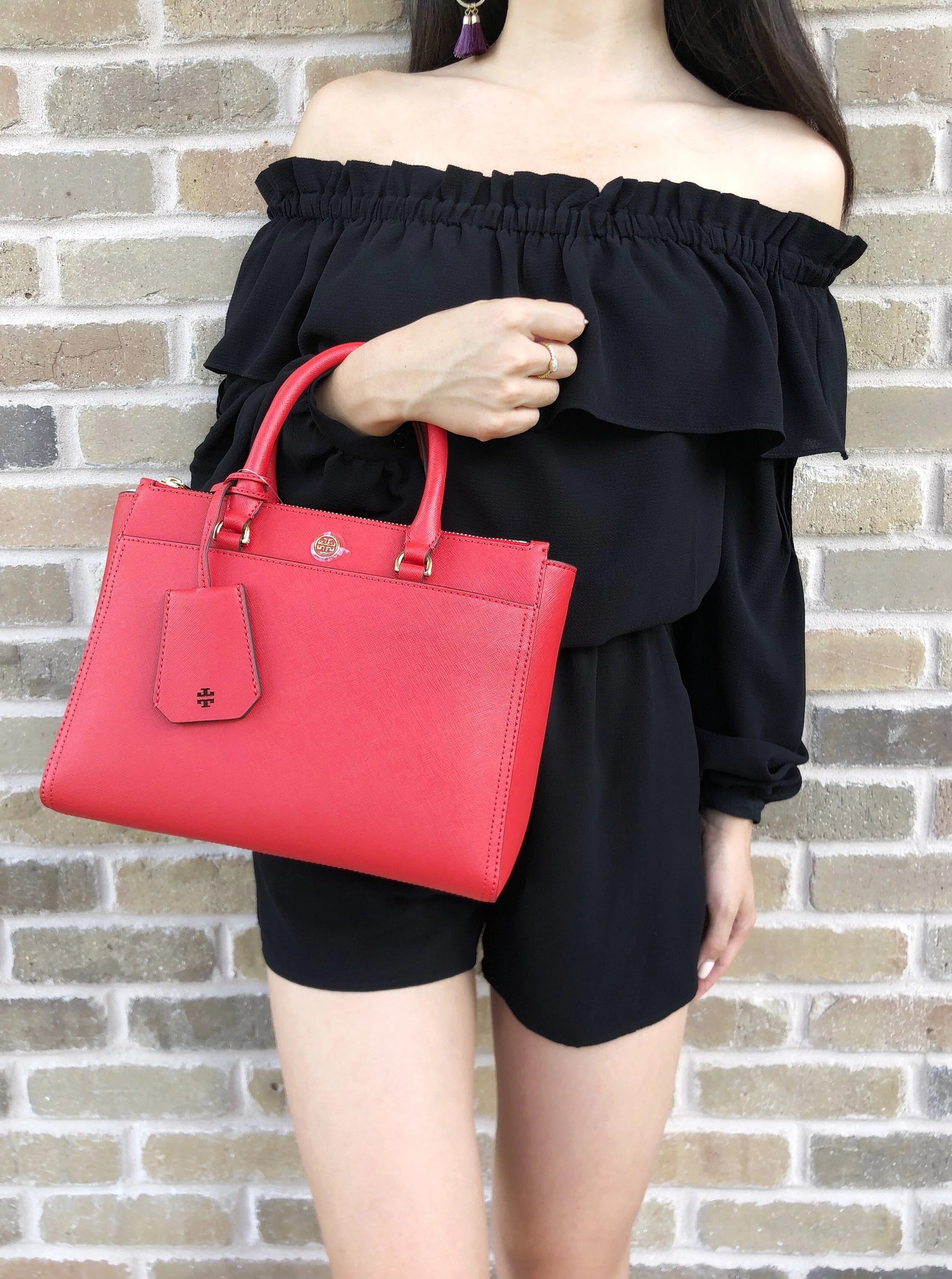 Small Double Zip Tote Satchel Crossbody Bag Poppy Orange Red K96922