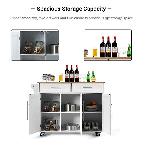 White Kitchen Island Cart Rolling Storage Trolley with Lockable Castors, 2 Drawers, 3 Door Cabinet K65860