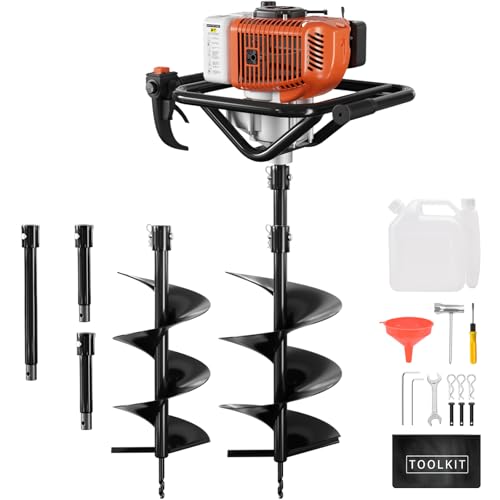 62cc Gas Powered Post Hole Digger with 2 Auger Drill Bits (6" & 8") and 3 Extension Rods H24194
