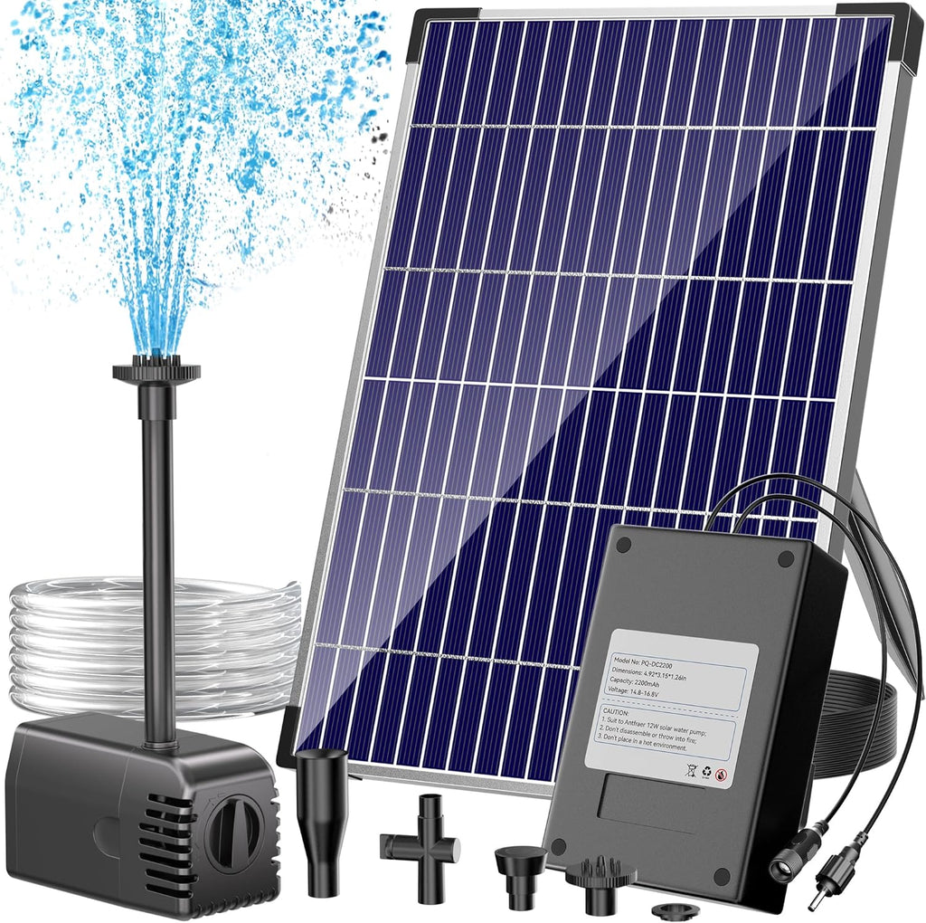 Solar Pond Pump with 2200mAh Battery Backup, 12W Solar Fountain Pump 160GPH Flow Adjustable with 6.6FT PVC Tubing D94721