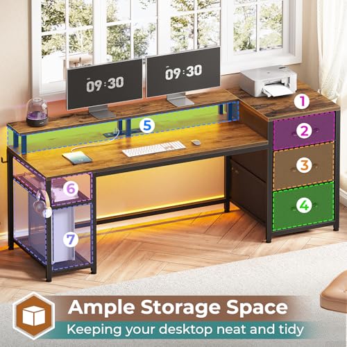 Rustic Brown Office Desk with Drawers and LED Lights L541