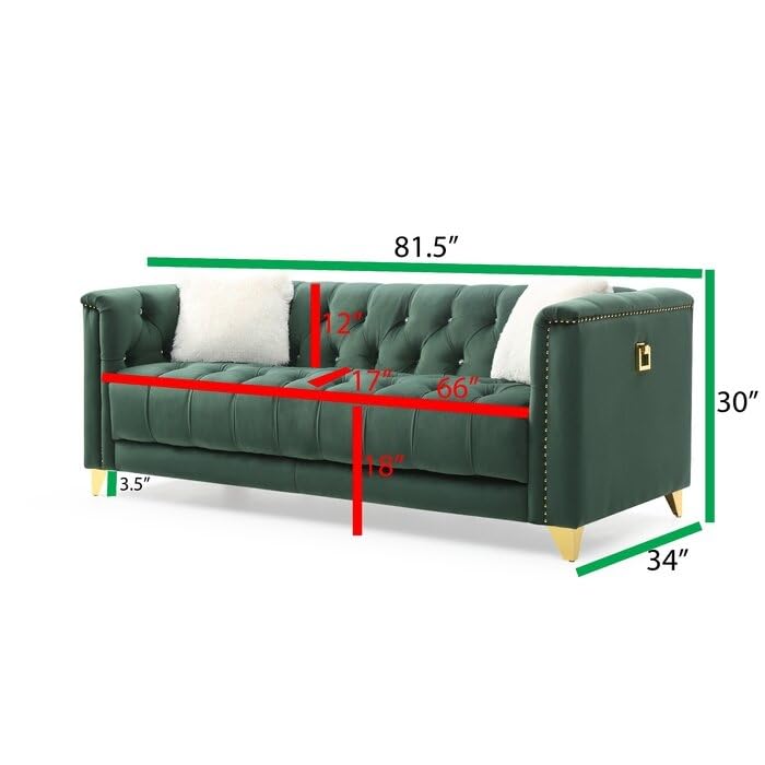 Green Deep Button Tufted Upholstered Sofa with Gold Legs N9819