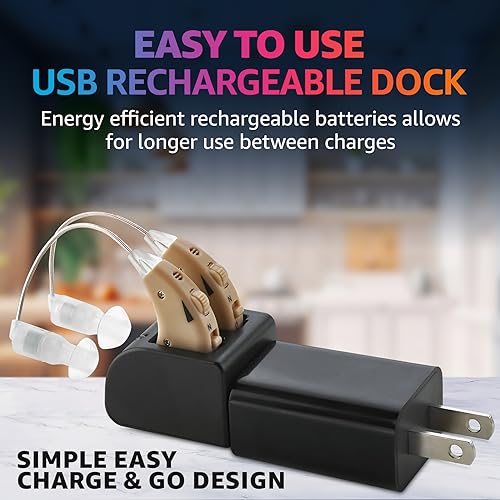 Black Rechargeable BTE Hearing Amplifier Pair with USB Dock R917391