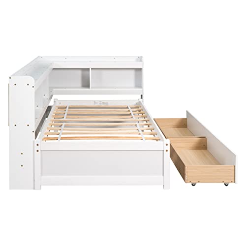 White Pine Wood Twin Size Platform Bed with L-shaped Bookcase Headboard and 2 Storage Drawers S79788