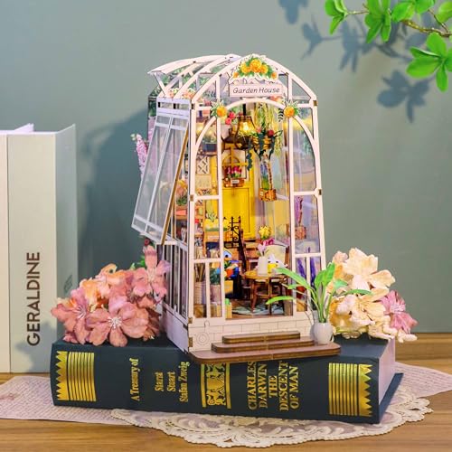 Miniature House Kit Wooden 3D Puzzle Dollhouse Booknook Bookshelf Insert Decor with LED D96892