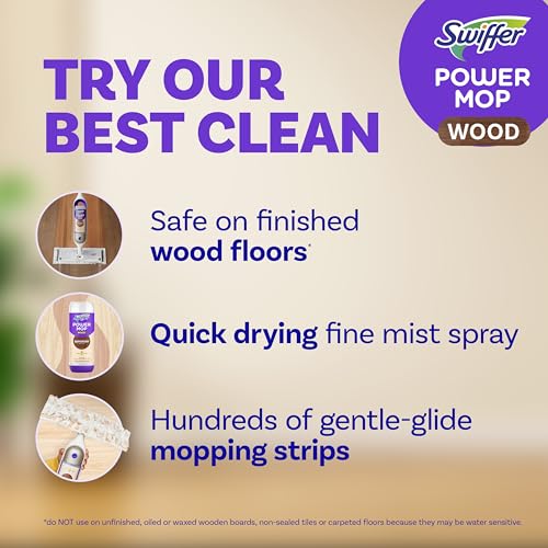Swiffer Power Mop Wood, Hardwood Floor Cleaner Multi-Surface Cleaning Set includes PowerMop Wood, 2 Pads, 1 QuickDry Lemon Solution, & 2 Batteries B232
