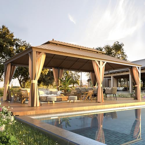 14'x20' Hardtop Gazebo Double Roof Galvanized Steel Canopy Aluminum Frame with Netting and Curtains W42973