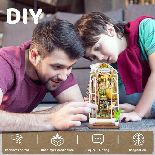 Miniature House Kit Wooden 3D Puzzle Dollhouse Booknook Bookshelf Insert Decor with LED D96892