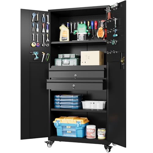 Metal Garage Storage Cabinet with Drawers and Wheels Rolling Tool Chest Cabinet with Pegboards Lockable Storage Cabinets with Adjustable Shelves E751