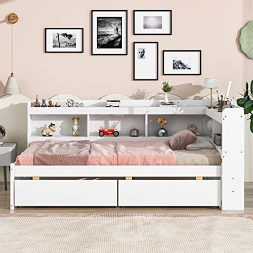 White Pine Wood Twin Size Platform Bed with L-shaped Bookcase Headboard and 2 Storage Drawers S79788