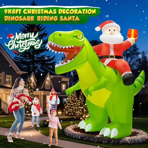 9x8FT Christmas Inflatables Santa Riding Dinosaur with LED Lights C523025