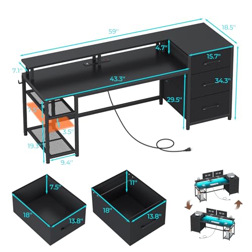 Rustic Brown Office Desk with Drawers and LED Lights L541